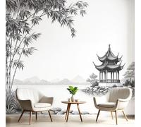 Fotomurales Xl 300X210Cm Pintura En Tinta Bambú Arquitectura Paisaje Chino Papel Pintado Panorámico 3D Blanco Y Negro Decoración De Pared Moderna Murales Para Pared Salón Cocina Baño Pasillo Comedor