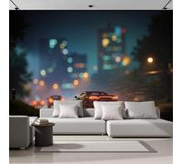 Fotomurales XL 350x256cm Vista Nocturna De La Ciudad Papel Pintado Seda Coche Deportivo En Una Calle Lluviosa Por La Noche Decoración de Pared Moderna Murales para Pared Salón Cocina Comedor
