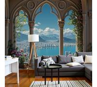 Fotomurales Xl 400X280Cm Paisaje Urbano Costero Arquitectura Gótica Papel Pintado Panorámico 3D Azul Cielo Decoración De Pared Moderna Murales Para Pared Salón Cocina Baño Pasillo Comedor