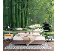 Fotomurales XXL 300x210 cm ConcepcióN ArtíStica de Bambú y Guijarros. Impermeable Papel Pintado Tejido no Tejido Verde Decoración de Pared Moderna Murales para Pared Salón Cocina Baño Pasillo Comedor