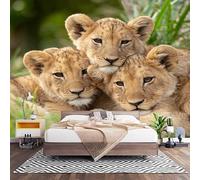 Fotomurales XXL 300x210 cm Familia De Leones Animales Impermeable Papel Pintado Tejido no Tejido Verde Decoración de Pared Moderna Murales para Pared Salón Cocina Baño Pasillo Comedor