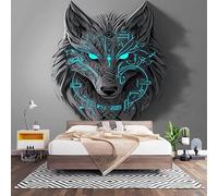 Fotomurales XXL 350x256 cm Cabeza de Lobo Con Runas TecnolóGicas Impermeable Papel Pintado Tejido no Tejido Gris Decoración de Pared Moderna Murales para Pared Salón Cocina Baño Pasillo Comedor