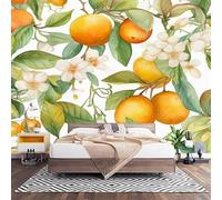Fotomurales XXL 400x280 cm Flores Naranjas En Acuarela Impermeable Papel Pintado Tejido no Tejido Blanco Decoración de Pared Moderna Murales para Pared Salón Cocina Baño Pasillo Comedor