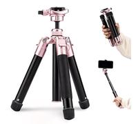 Fotopro Mini trípode de viaje ligero y compacto de 60 pulgadas con cabeza de bola de 360 grados, soporte para teléfono, palo selfie desmontable, carga máxima de hasta 9.0 libras, 1 rosa