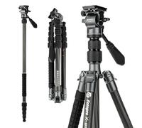 Fotopro Trípode de viaje de fibra de carbono de 59 pulgadas, trípode de cámara compacto con cabezal fluido, monopie desmontable con placa de liberación rápida y bolsa, trípode de video de carga de