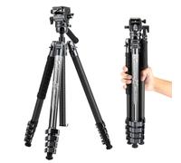 Fotopro X-Airfly - Trípode de cámara de viaje ligero de 64.5 pulgadas con cabezal fluido, cabeza de bola panorámica, 2.8 libras, expandible portátil, compacto, trípode de fibra de carbono para cámara