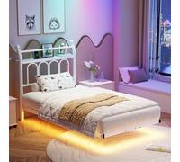 FOUBAM Marco de cama de 90 x 200 cm con estación de carga e iluminación LED, resistente cama de metal con cabecero de estantería, moderna cama de invitados, cama juvenil, cama individual de metal con
