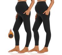 Foucome Leggings de maternidad con forro polar para mujer, con bolsillos sobre el vientre, para embarazo, invierno, cálidos, pantalones de yoga, Paquete de 2, negro, L