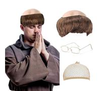 FOUNSHO Peluca Calva Gorro de Látex, Hombre Peluca Marrón Halloween Monje Disfraz Anciano Gafas, Carnaval Monje Disfraces Adultos Halloween Calavera Sombrero de Abuelo Cosplay (Marrón)