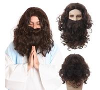 FOUNSHO Peluca y Barba Jesús Adulto, Vikingo Cosplay Peluca con Larga Barba, Larga Pelucas Rizada Marrón Oscuro Hagrid Mago Disfraces para Hombre Noel Halloween Carnaval