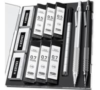 Four Candies 2 lápices mecánicos de metal negro y plateado con 0.5 mm y 0.7 mm, juego de lápices mecánicos con estuche, 3 gomas de borrar, 9 borradores para escritura artística