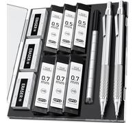 Four Candies 2 lápices mecánicos de metal plateado con 0.5 mm y 0.7 mm, juego de lápices mecánicos con estuche, lápices mecánicos de artista con 360 piezas de plomo HB, 3 gomas de borrar, 9 borradores para escritura artística