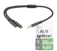fouraces AUX y Splitter - 4 Polos, Cable Adaptador Corto - 30 cm - 3,5 mm - 2 Conexiones de Auriculares para PC, PS4, microfono - Jack duplicador, Headset