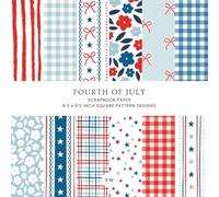 Fourth of July Scrapbook Paper, 8.5 x 8.5 Inch Square Pattern Designs: Patriotic Red White Blue Stars, Stripes, Bows, and Gingham for Paper Crafts, Junk Journals, and Card Making