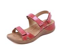 FOURTOC Sandalias Mujer,Cuero Cuña Plataforma Plana Punta Abierta Hebilla Talón Zapatillas de Playa Verano,Rojo,US8/EU40