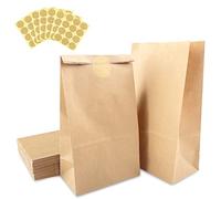 Fousenuk 50 Piezas Bolsas Papel Kraft 13 x 8 x 24 cm, Bolsas de Papel Pequeñas con 84 Pegatinas, Bolsa Kraft de Chuches Marrón para Embalaje de Regalo, Fiestas de Cumpleaños, Compras, Bodas, Navidad