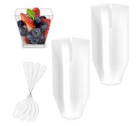 Fousenuk 50 Piezas vasos para postres con Cucharas Plástico, 2oz/60ml tazas copas cuencos de postre Reutilizables Cuadrados Transparentes para Pudín, Mousse, Helado, Cumpleaños, Bodas