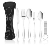 Fousenuk 6 Piezas Cubiertos Camping Set, Juego de Cubiertos Acero Inoxidable con Cuchillos, Tenedores, Bolsa de Almacenamiento, Cubiertos para Llevar al Trabajo, para Exterior, Picnic, Viajes