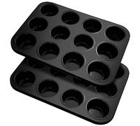 Fousenuk Juego de 2Moldes Magdalenas Horno, Recubrimiento Antiadherente Molde Muffins de Acero al Carbono para 12Magdalenas Reutilizables para Cupcake, Brownie,Pudín 35 X 26 X 3.5 cm (Negro) (FAO013)