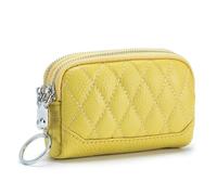 FOVAOK Mini monedero de piel auténtica para mujer, con dos cremalleras, bolsa portátil para maquillaje, Amarillo, Talla única