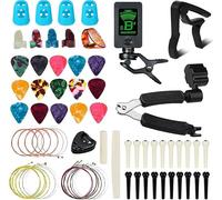 FOVERN1 - Juego de 72 herramientas para guitarra, incluye púas de guitarra, cejilla, afinador, cuerdas de guitarra, sillín de puente de hueso y tuerca de 6 cuerdas, púas de dedo