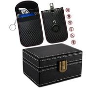 FOVNOT Caja Faraday + 2 Pcs Funda RFID para Llaves Coche, with AirTag Tapa Kit Bloqueador Antirrobo de Señales, Jaula Faraday Móvil con Cuero