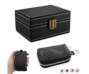 FOVNOT Caja Faraday Antirrobo para Llaves Coche + Bolsa | Bloqueo RFID/Señales con Cuero | Jaula Faraday