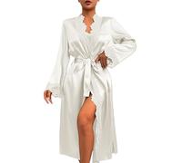 Foweknow Albornoz para mujer, batas con ribete de encaje, sexy, satén, kimono monocolor, traje de baño, bata de casa, bata de dormir, suave, ligero, cuello en V, ropa de dormir, ropa de salón, ropa de