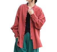 Foweknow Blusa de muselina para mujer, algodón y lino, camisa de manga larga con botones de verano transpirable y fresca, estilo chino, chaquetas de manga larga, camisas casuales de moda, Color rojo