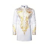 Foweknow Camisa africana para hombre dashiki ropa de oración para hombres manga larga estampado en caliente vestidos musulmanes retro musulmán caftán abaya dubai bata oriente medio ropa étnica, Blanco