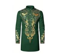 Foweknow Camisa africana para hombre dashiki ropa de oración para hombres manga larga estampado en caliente vestidos musulmanes retro musulmán caftán abaya dubai bata oriente medio ropa étnica, verde