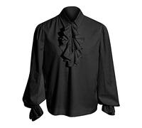 Foweknow Camisa tradicional para hombre, manga larga, con volantes, steampunk, gótica, pirata, cuello alto, volantes, camisa medieval, camisa renacentista, de manga larga, elegante, ligera, Negro , S