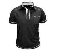 Foweknow Camiseta de manga corta para hombre, corte ajustado, estilo vintage, sin cuello, elegante, con tira de botones, camiseta bicolor para tiempo libre, exterior, polo clásico, Negro , XL