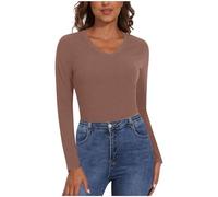 Foweknow Camiseta de manga larga para mujer, cuello en V, térmica, manga larga, camiseta interior térmica, camiseta básica para entrenamiento, yoga, deporte, invierno, ajustada, camiseta interior