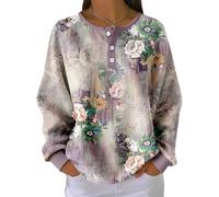 Foweknow Camiseta para mujer elegante estampado floral suéter mujer vintage cuello redondo manga larga sudadera primavera otoño patrón retro tops casual holgada blusa manga larga ropa de calle, gris