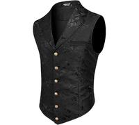 Foweknow Chaleco de traje para hombre con solapa, ajustado, chaleco medieval, clásico, para negocios, elegante, jacquard, gótico, steampunk, formal, disfraz de Halloween, Negro , L