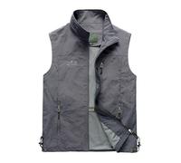 Foweknow Chaleco de verano para hombre, ligero, chaleco de trabajo, verano, fino, con bolsillos con cremallera, cuello alto, chaleco funcional transpirable, para camping, fotografía, 02 gris, L