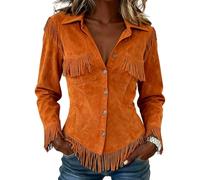 Foweknow Chaqueta de primavera para mujer, con flecos, manga larga, de piel de ante sintético, con borla, chaqueta de punto para el tiempo libre, chaqueta corta con flecos, chaqueta de motorista