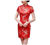 Foweknow Chino Qipao Satén Nacional Cheongsam Vestido Mujer Manga Corta Delgado Mini Vestido Tradicional Disfraces Jacquard Flores Patrón Vestido de Novia para Niñas Vestido de Cóctel Sexy, rojo, 5XL