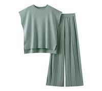 Foweknow Elevated Set Damen Zweiteiler Damen Elegant Pullover Lounge Set Strickpullover elastische Taille Weites Hose Hausanzug Rundhalsausschnitt Sommer Outfit EisSeide Freizeitanzug, verde, Talla