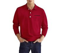 Foweknow Henley Shirt Herren Langarm V-Ausschnitt Pullover Sweatshirt Golf Poloshirt Streetwear Einfarbig Langarmshirt Mode Sportshirt Luftige leichte Laufshirt Unterhemd Freizeitshirt, rojo, L