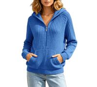 Foweknow Hoodie Damen Reißverschluss Sweatjacke mit Kapuze Rippt Strick Sweatshirt Jacke Basic Hoodie Damen Zip Hoodie leichte Frühling Sommer Herbst Outfit Langarmshirt, 01 azul., XL