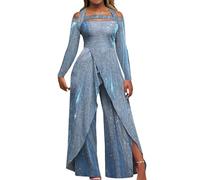 Foweknow Mono de lentejuelas para mujer, con hombros descubiertos, purpurina, elegante, manga larga, cuello en V, para boda, dama de honor, fiesta, pantalón, mameluco largo y pierna ancha, azul, S