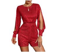 Foweknow Mono de mujer con lentejuelas, mono corto de noche, traje de pantalón con purpurina, traje rave, pierna ancha, elegante, mameluco, cóctel, carnaval, disfraces de carnaval, rojo, S