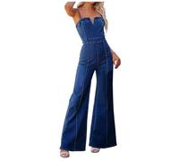 Foweknow Mono de verano para mujer, pantalón vaquero largo de pierna recta, vaquero, mono acampanado, sin mangas, sexy, elástico, informal, vaquero, una sola pieza, traje de calle, azul, M