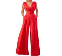 Foweknow Mono elegante para mujer, sin mangas, cuello en V, pierna ancha, mameluco largo de una pieza, traje de noche, traje de negocios, para mujer, boda, fiesta, pantalones de verano, rojo, XXL