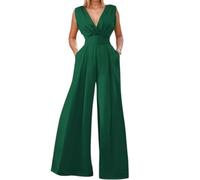 Foweknow Mono elegante para mujer, sin mangas, cuello en V, pierna ancha, mameluco largo de una pieza, traje de noche, traje de negocios, para mujer, boda, fiesta, pantalones de verano, verde, XS