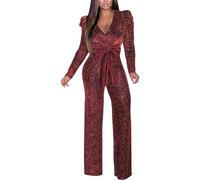 Foweknow Mono para mujer con lentejuelas, elegante, cuello en V, sexy, brillante, largo, mono, festivo, pelele de graduación, espectáculo de escenario, disfraz, rojo, XL