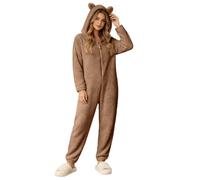 Foweknow Mono para mujer, de una pieza, largo, cálido, de peluche, de forro polar, para invierno, mullido, monocolor, de felpa, con capucha, traje de cuerpo completo