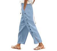 Foweknow Pantalones de lino para mujer, muselina de verano, pantalones de rehabilitación para mujer, laterales abiertos, pantalones de verano anchos y de cintura alta, ligeros y aireados, holgados, 7